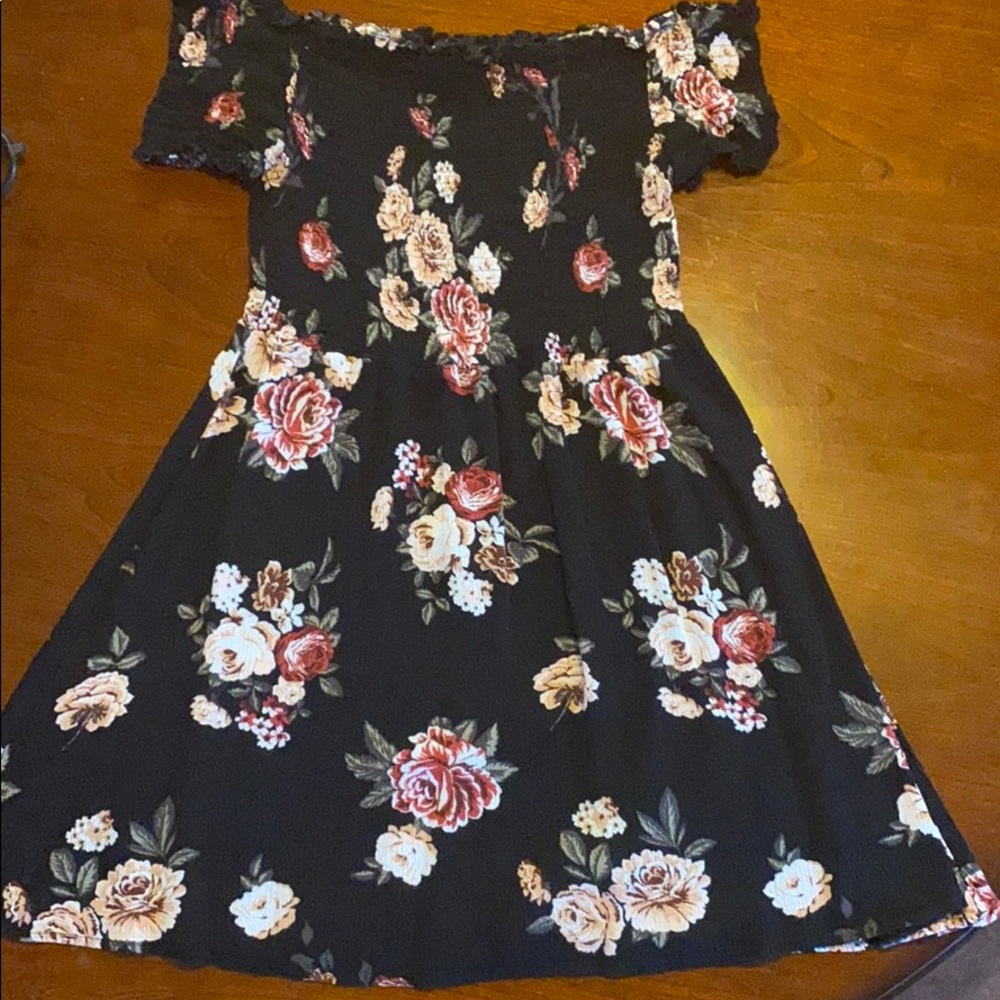 Black background floral Pink Red and White Dress